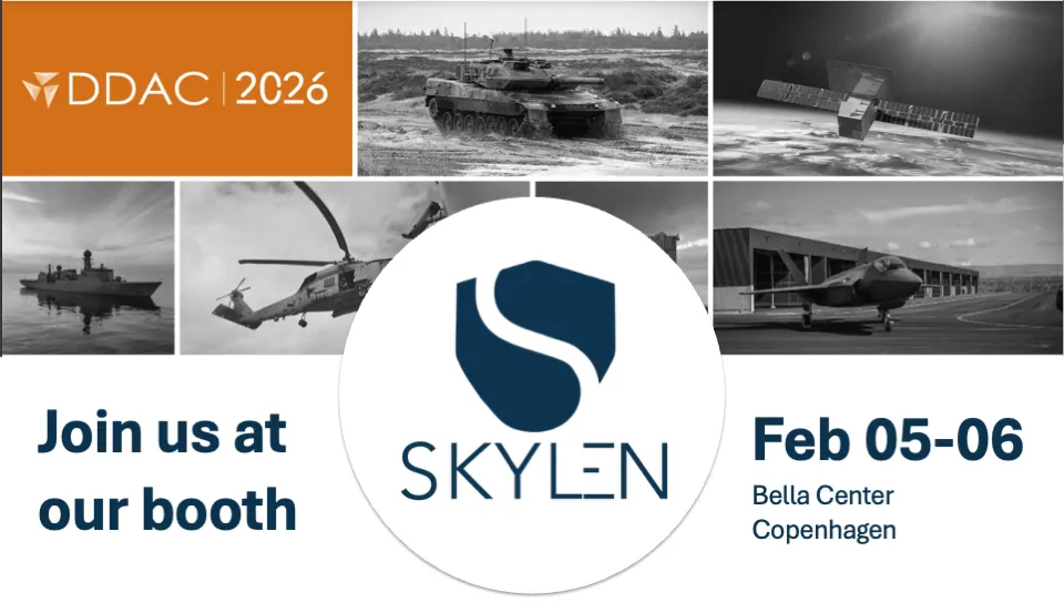 Promotional card for the SKYLEN booth at DDAC 2026, Bella Center Copenhagen, 5-6 February