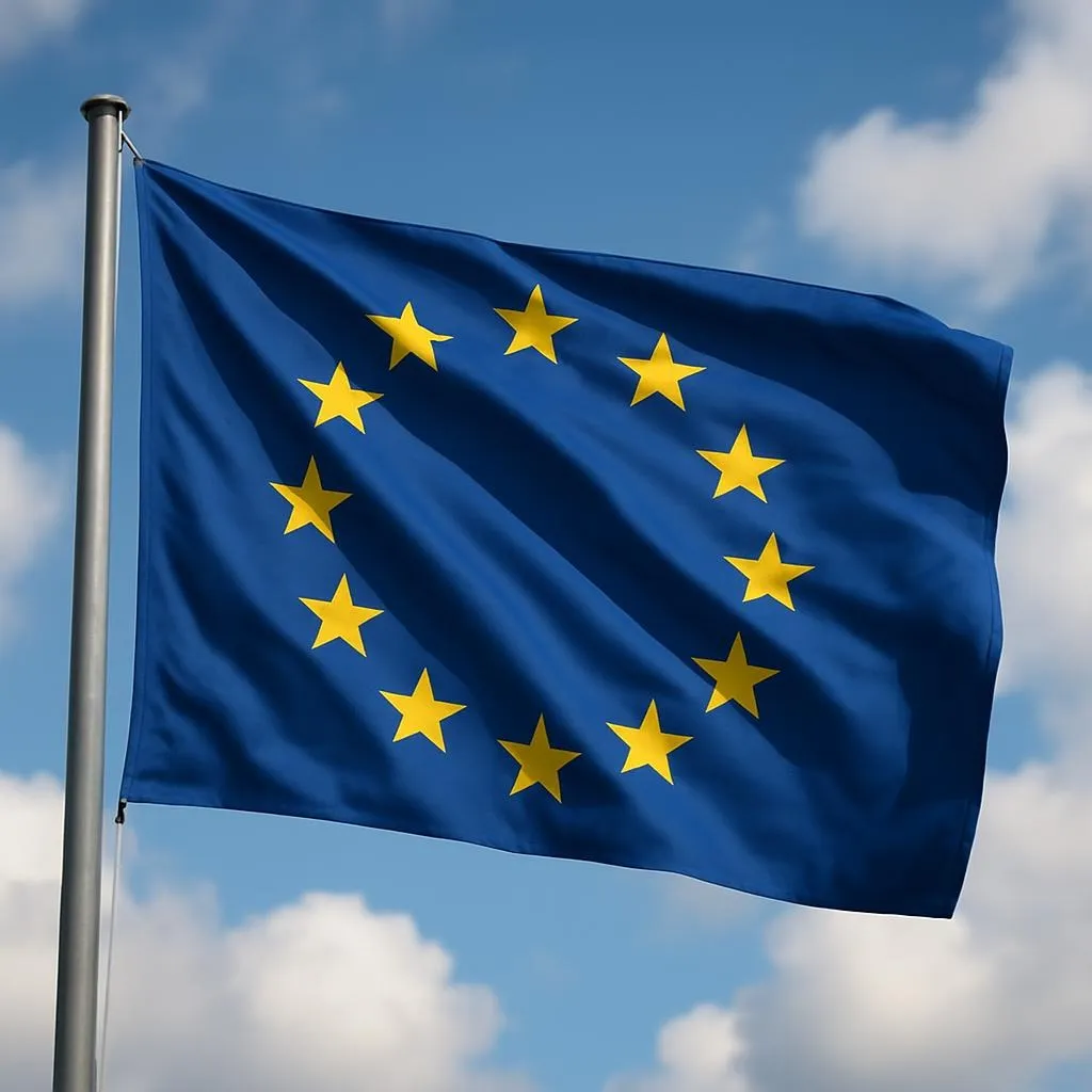 The European Union flag flying against a blue sky