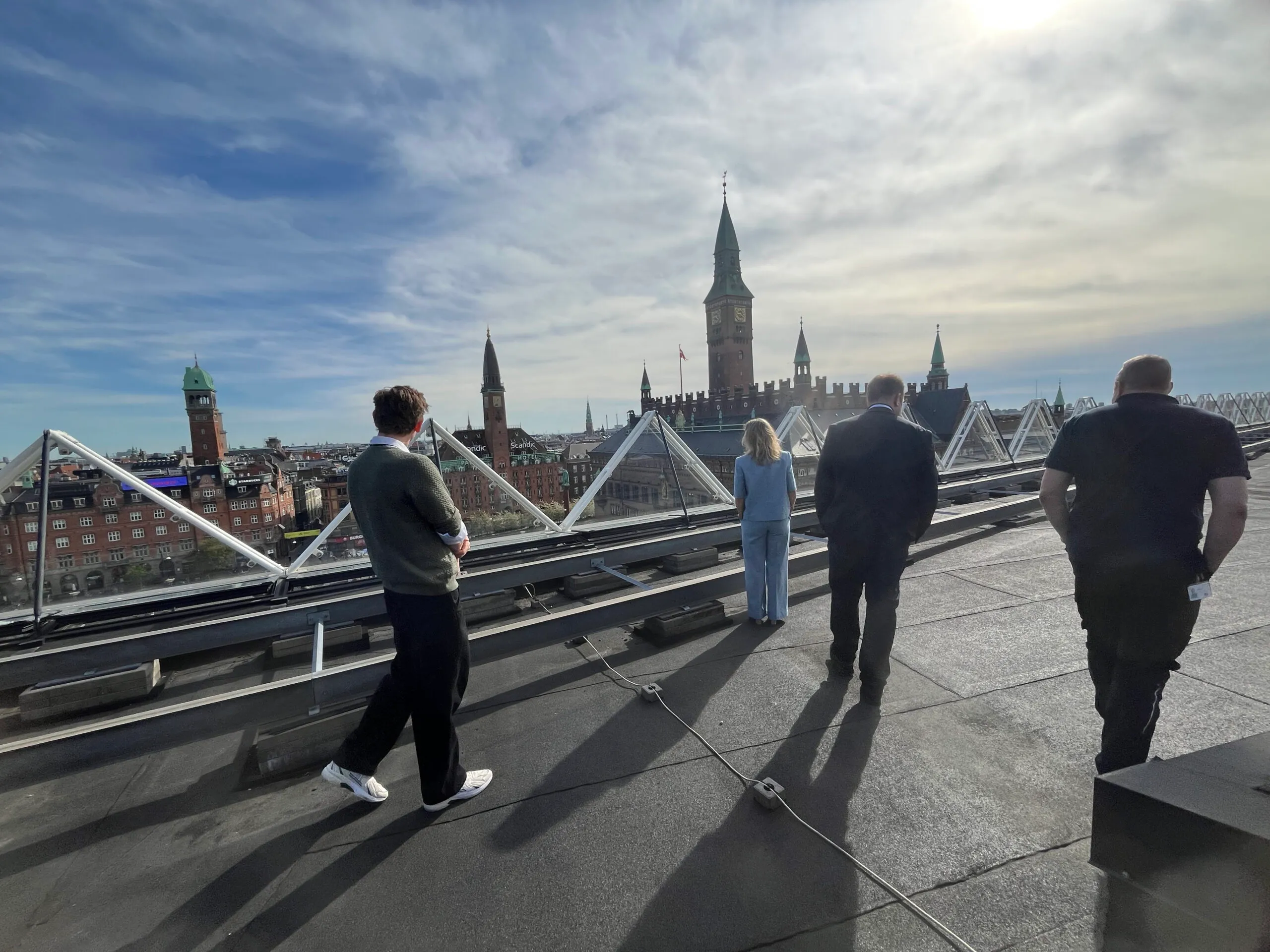 The rooftop terrace at Industriens Hus, overlooking Copenhagen City Hall