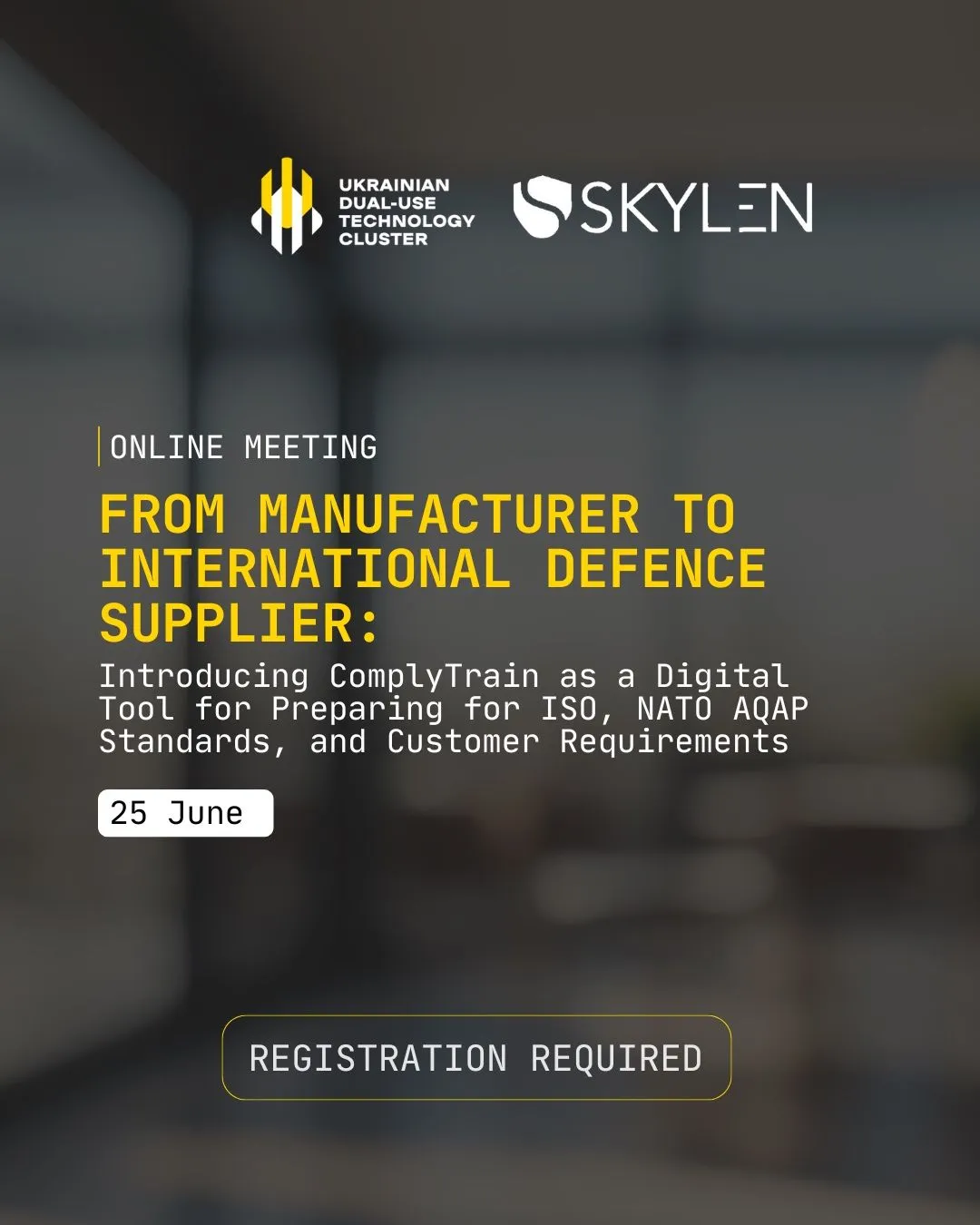Promotional card for the SKYLEN webinar, From manufacturer to international defence supplier